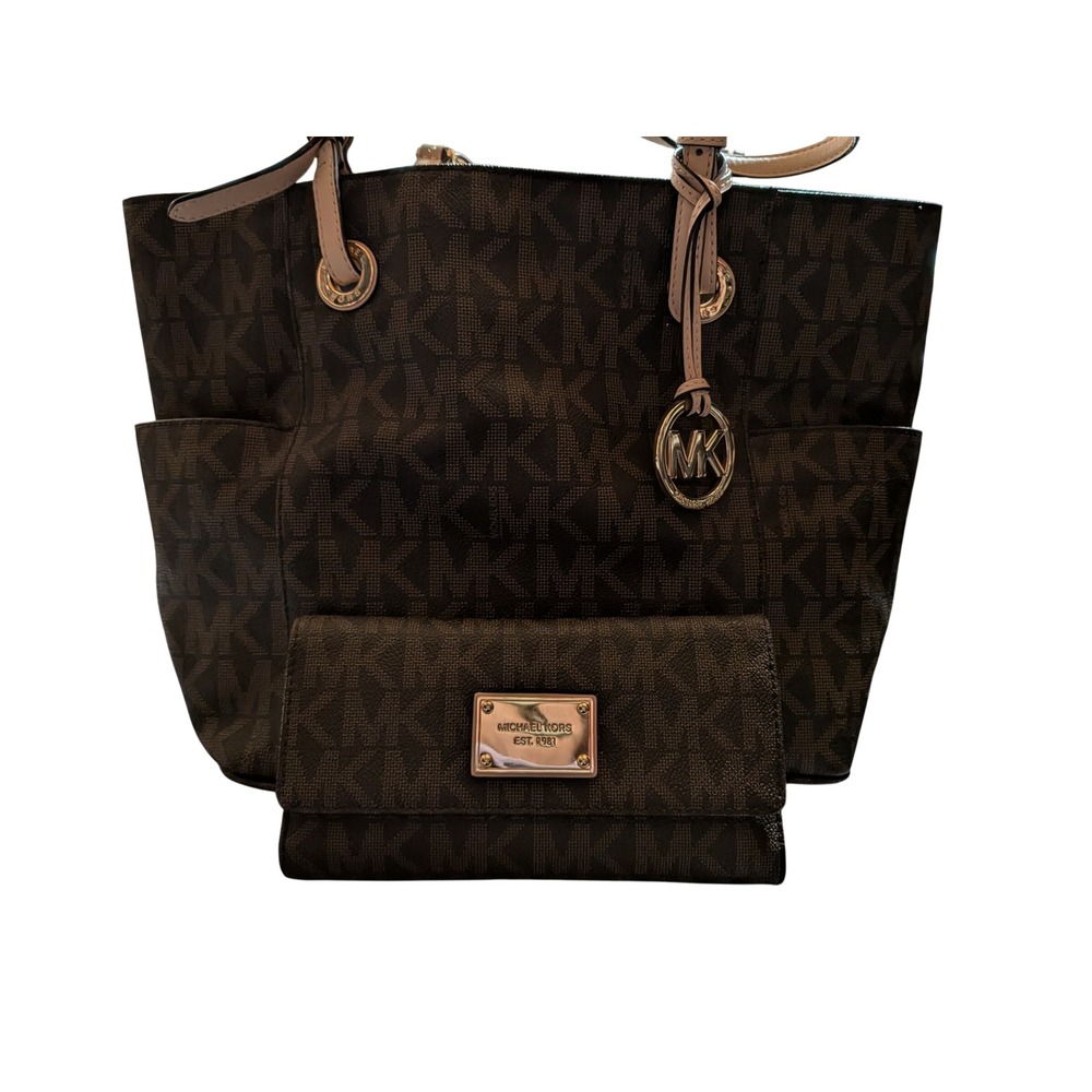Michael Kors Brown Monogram Signature Tote Bag and Matching Wallet Set Gold Tone